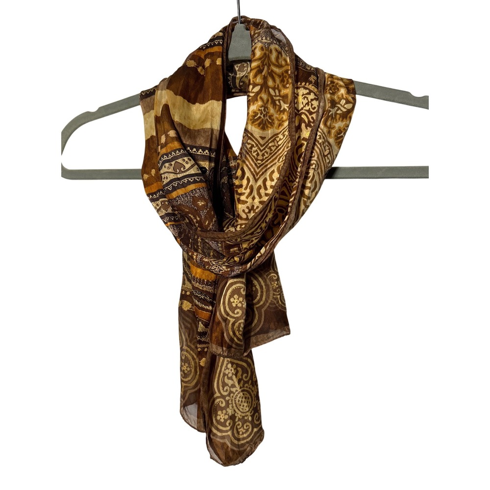Adrienne Vittadini Brown Gold Paisley Medallion Sheer Rectangular Scarf Boho